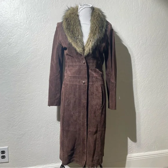 Wilsons Leather suede Brown Trench Coat with Faux Fur Collar - Picture 4 of 12